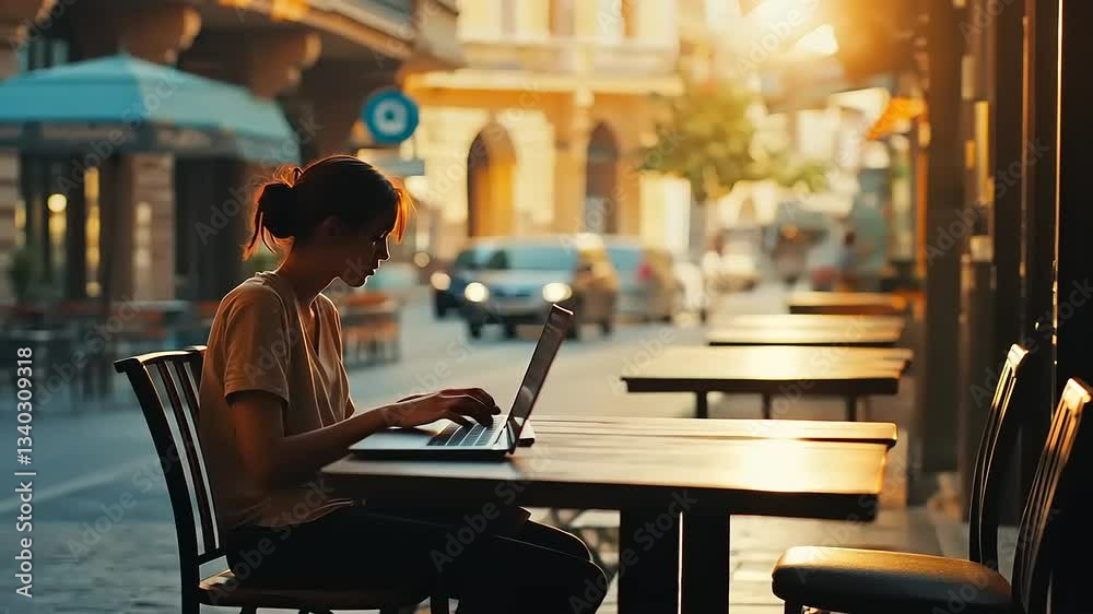 Woman working on a laptop at an outdoor café in a bustling city street during sunset