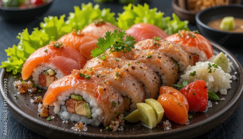 Delicious Salmon Sushi Rolls Close Up - High-resolution food photog. Delicious Salmon Sushi Rolls Close Up - High-resolution food photog.