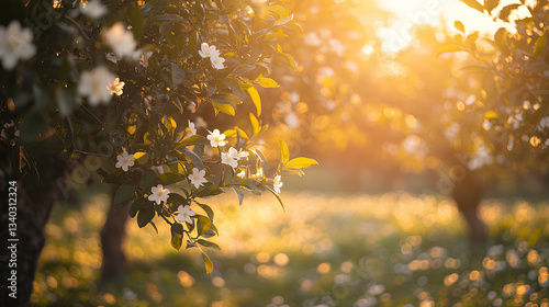 Sunlit orange grove with blossoming neroli flowers white petals and green leaves swaying in warm spring breeze  

