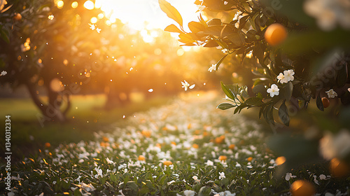 Sunlit orange grove with blossoming neroli flowers white petals and green leaves swaying in warm spring breeze  
 photo