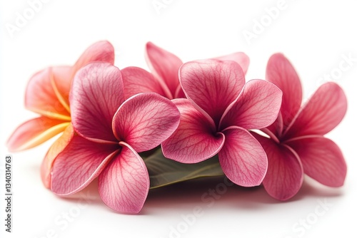 Delicate plumeria blossoms in soft pink and peach hues against a pristine white background capturing tropical elegance and serene beauty