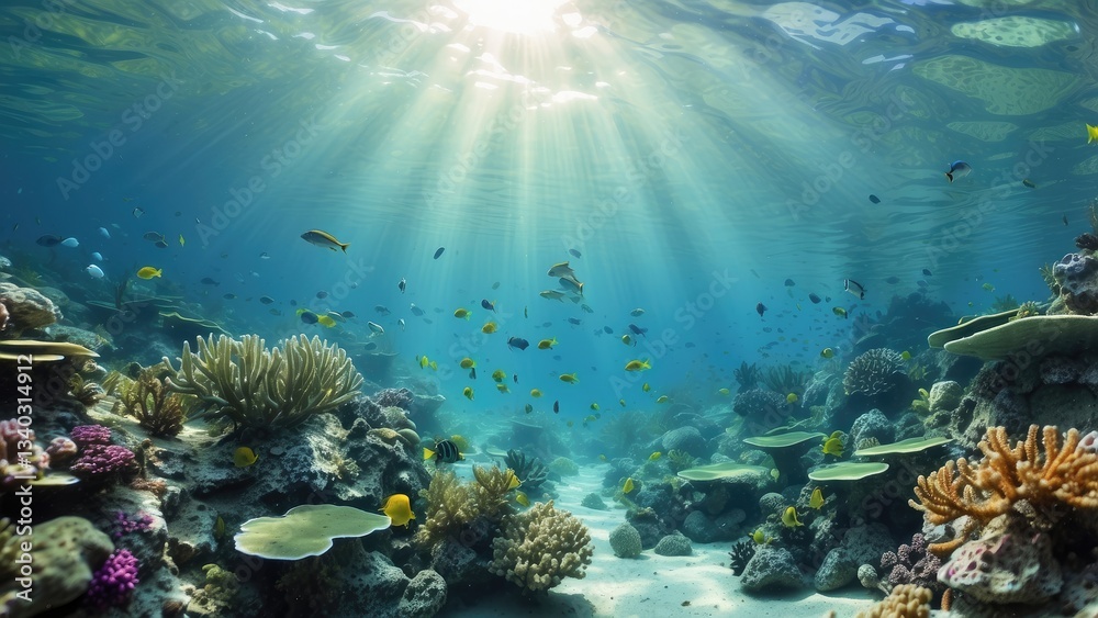 Naklejka premium Underwater scene featuring vibrant coral reefs and marine flora in shades of green and blue.