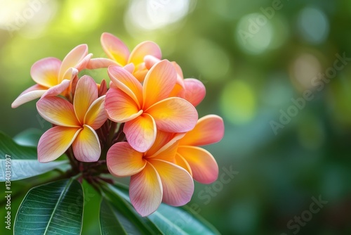 Captivating frangipani blossom cluster with vibrant colors and soft bokeh background in a serene tropical garden setting perfect for stock photo usage
