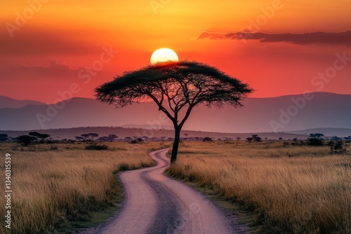 An acacia tree and a road at sunset, this beautiful African landscape prepare...