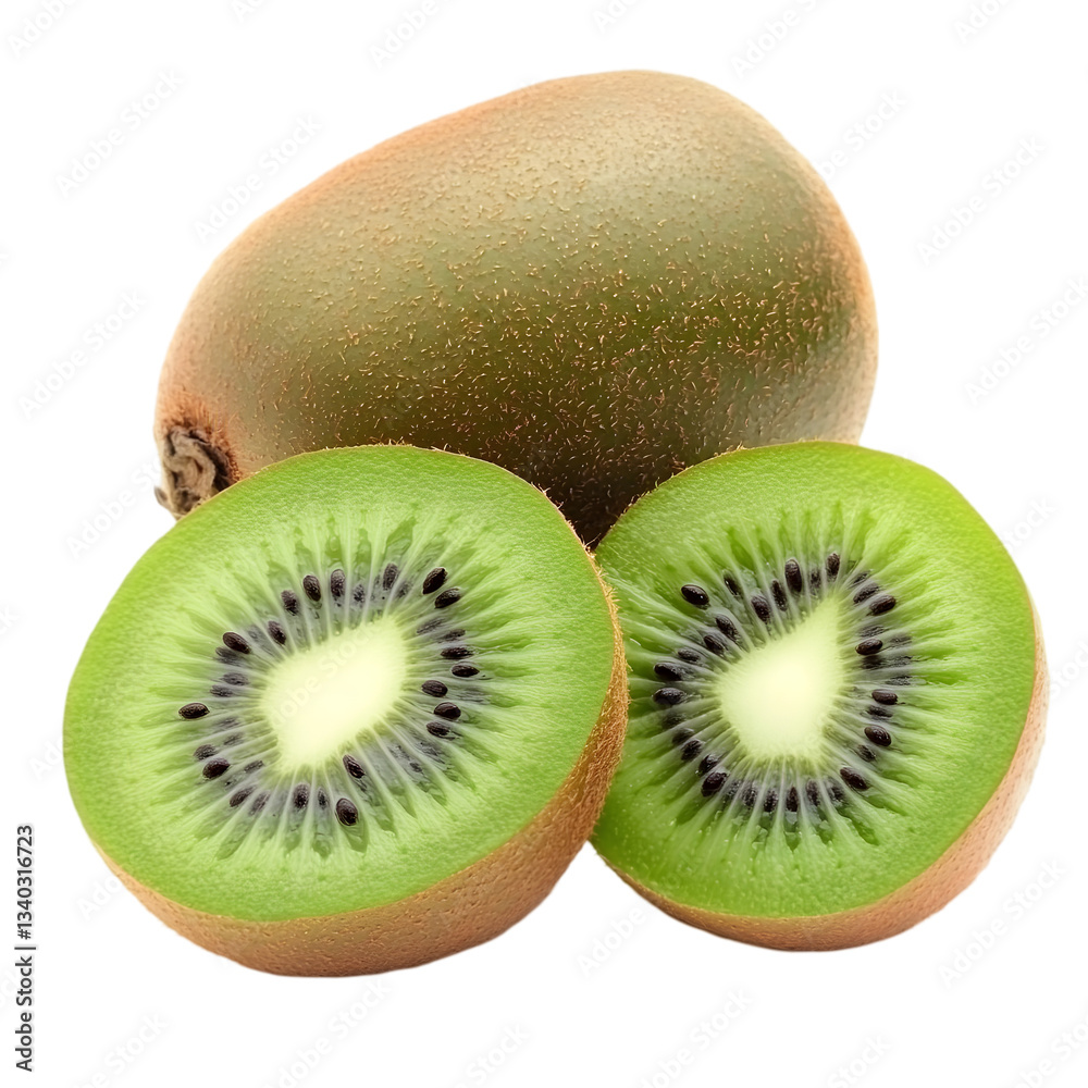 Obraz premium Close-up of whole and halved kiwifruits.