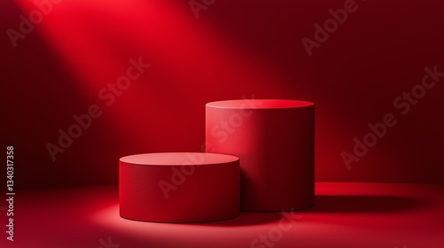 Abstract Red Background: Minimalist Three-Dimensional Cylinder Stages for Product Showcases