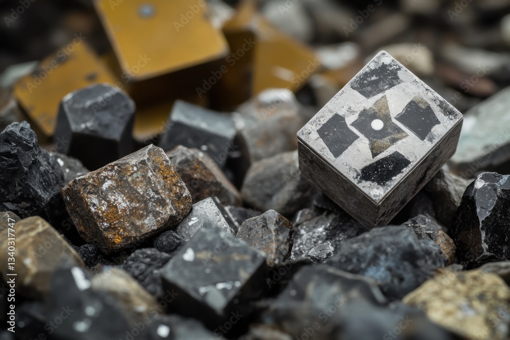A small square with the numbers 12 and 7 on it is sitting on a pile of rocks A small square with the numbers 12 and 7 on it is sitting on a pile of rocks