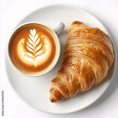 Delicious Freshly Baked Croissant and Latte: A Morning Breakfast Treat of French Cuisine and Caffeine