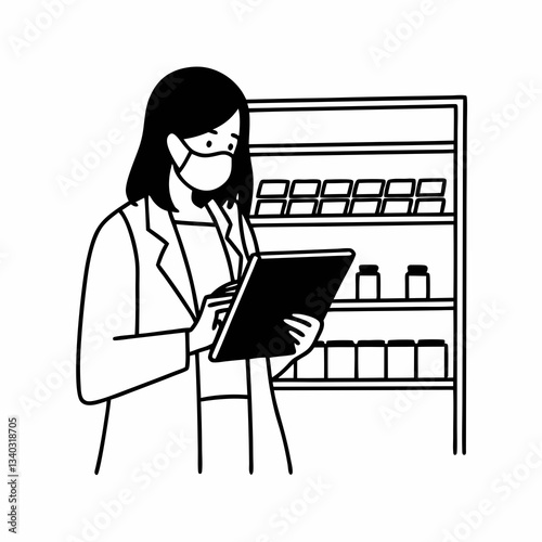 Pharmacist with protective mask on her face holding drugs and using digital tablet
