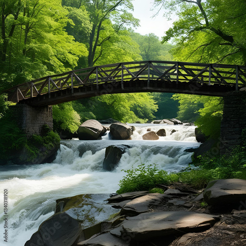 An old wooden bridge across a rocky river with rumbling water