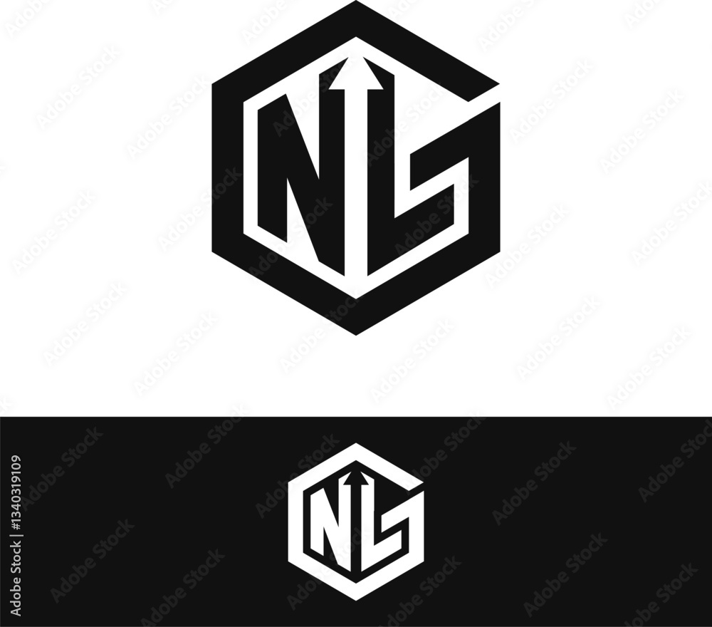 NLG Letter Logo with Arrow Inside Hexagon Lettering Logo NLG Letter Logo with Arrow Inside Hexagon Lettering Logo