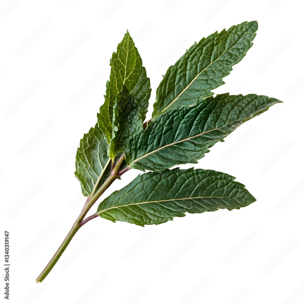 Fototapeta premium Fresh sprig of vibrant green mint leaves with a reddish stem, isolated on black background.