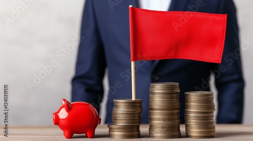 A businessman stands behind a stack of coins topped with a red flag and a piggy bank, symbolizing financial warning or caution.
