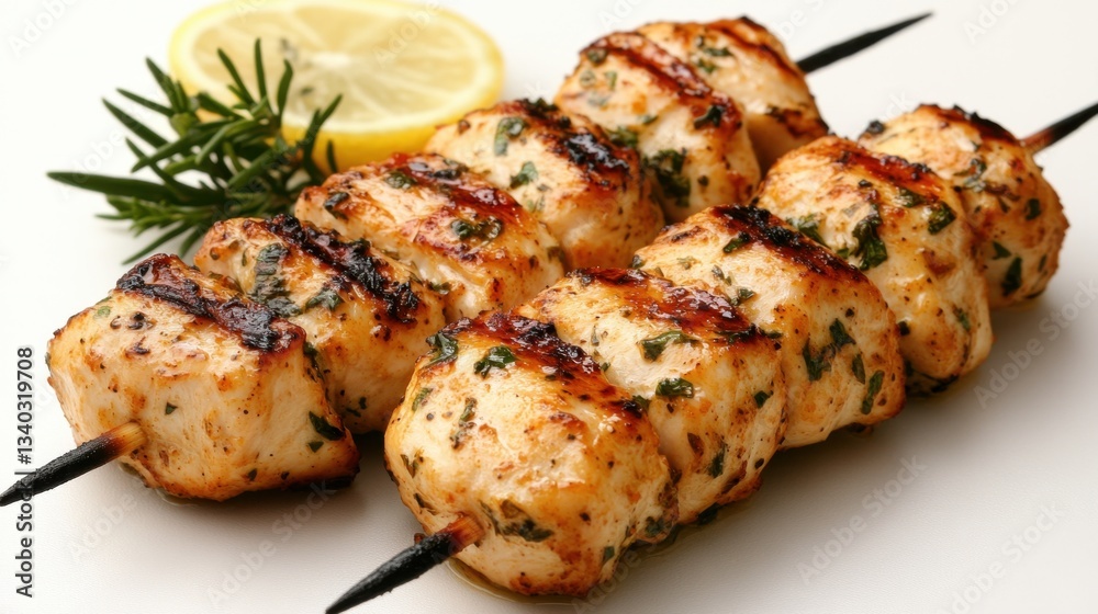 Delicious grilled chicken skewers with lemon and rosemary garnish on a white background studio shot food photography Delicious grilled chicken skewers with lemon and rosemary garnish on a white background studio shot food photography