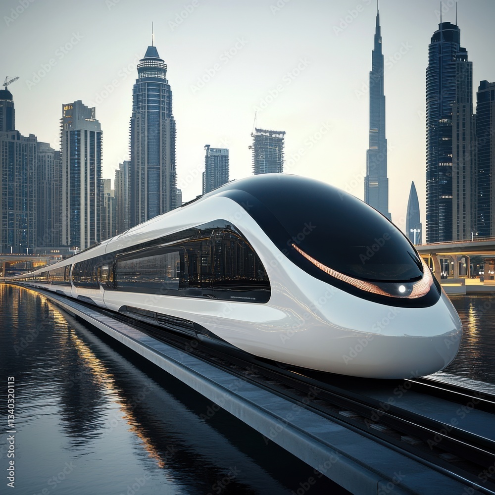 Naklejka premium Futuristic High-Speed Train in Dubai Cityscape