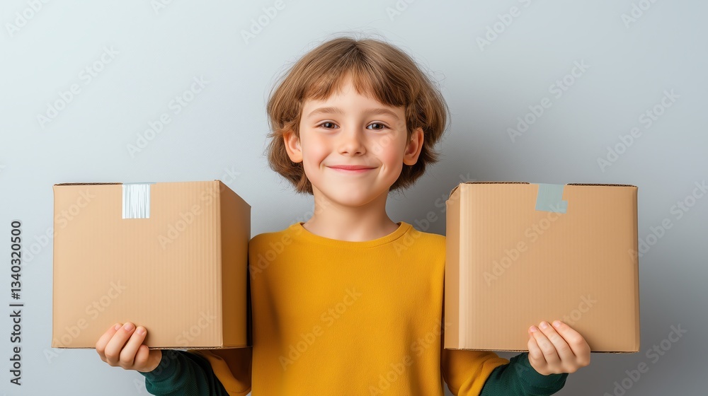 A cheerful child holding two cardboard boxes with a joyful expression, ideal for themes of delivery and childhood happiness. A cheerful child holding two cardboard boxes with a joyful expression, ideal for themes of delivery and childhood happiness.