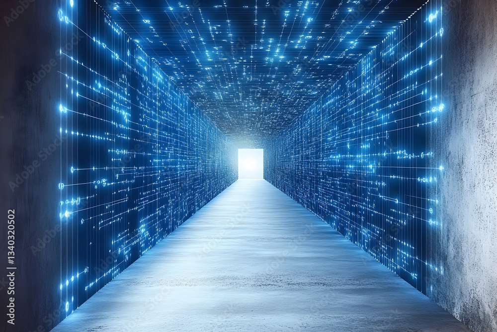 Fototapeta premium Futuristic digital tunnel, glowing data streams on concrete walls, light at the end, abstract technology concept.