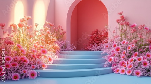 Vibrant floral entrance with soft pink hues and blooming flowers during the afternoon in a serene setting