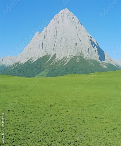 Majestic mountain stands tall over lush green valley under clear blue sky