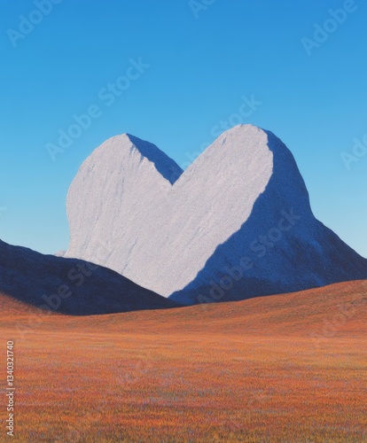 Majestic heart-shaped mountain formation stands against a clear blue sky in a vibrant landscape