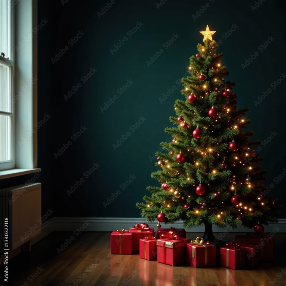 A decorated Christmas tree standing alone in a dark room with presents and ornaments, christmas tree, single tree