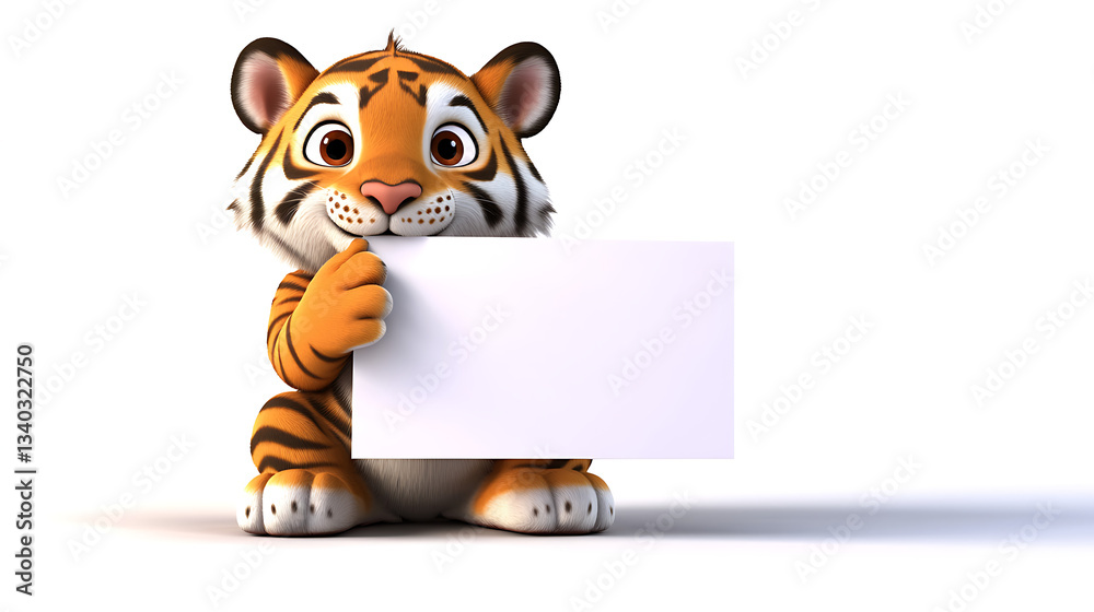 Obraz premium Cute cartoon tiger holding a blank sign in a bright, minimalistic setting, ideal for children's media