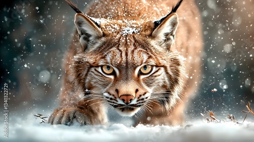 A Canadian lynx prowling through a snowy forest its tufted ears alert and eyes locked onto its unsuspecting prey ready to pounce in a dramatic display of its hunting prowess