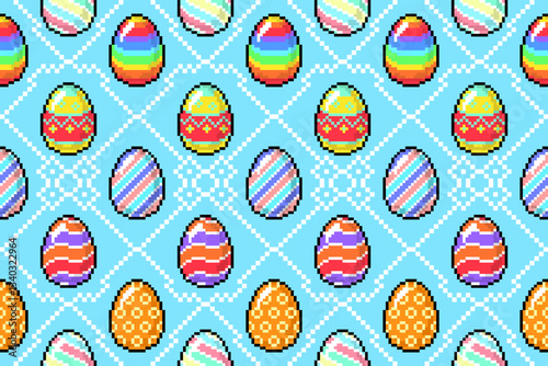 Easter background. Easter poster. Easter icon set. Pixel art seamless holiday pattern. Colorful eggs, cute bunny, chicken, basket, grass, elements, graphic design, illustration, banner, wallpaper,flat