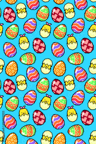 Easter background. Easter poster. Easter icon set. Pixel art seamless holiday pattern. Colorful eggs, cute bunny, chicken, basket, grass, elements, graphic design, illustration, banner, wallpaper,flat