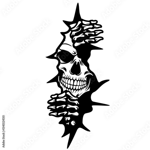 Skull in The Wall | Halloween | Skeleton Coming Out | Smashing Wall | Peeking Skeleton | Curios Skeleton | Skeleton | Skeleton Face | Original Illustration | Vector and Clipart | Cutfile and Stencil