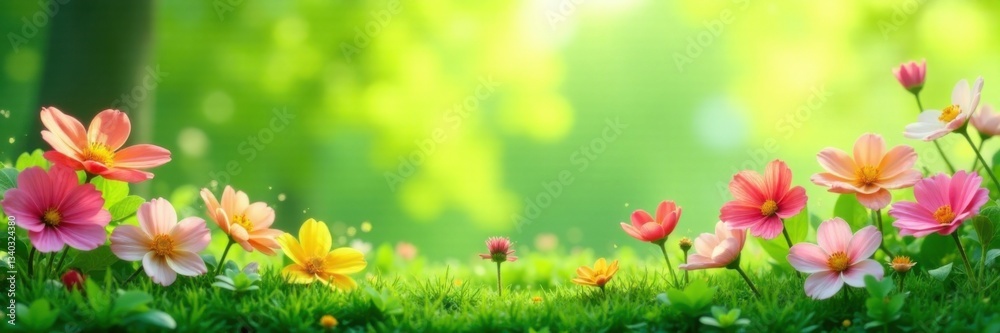 abstract spring background with fresh green foliage, colorful flowers blooming, serene atmosphere , nature, flowers, green abstract spring background with fresh green foliage, colorful flowers blooming, serene atmosphere , nature, flowers, green