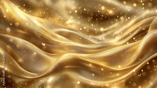 Glamorous Gold Silk Waves: Shimmering Abstract Background with Elegant Sparkles and Soft Decorative Flow