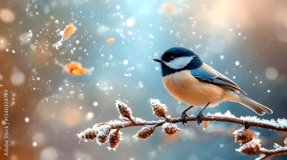 Obraz premium A small black capped chickadee perches on a delicate frost covered branch its tiny feathers puffed up to conserve warmth against the cold winter weather