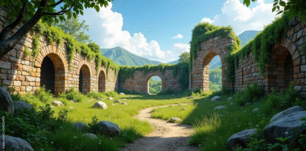 Ancient city ruins with crumbling walls and overgrown vegetation , architecture, walls Ancient city ruins with crumbling walls and overgrown vegetation , architecture, walls