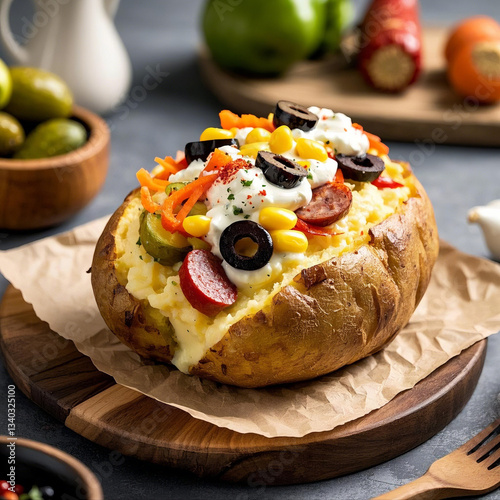 Delicious Turkish Kumpir Baked Potato with Toppings