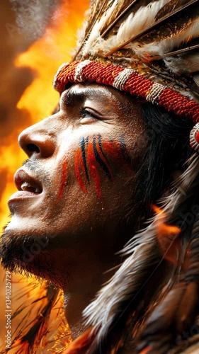 Profile of Native American Man in Headdress Against Fiery Background