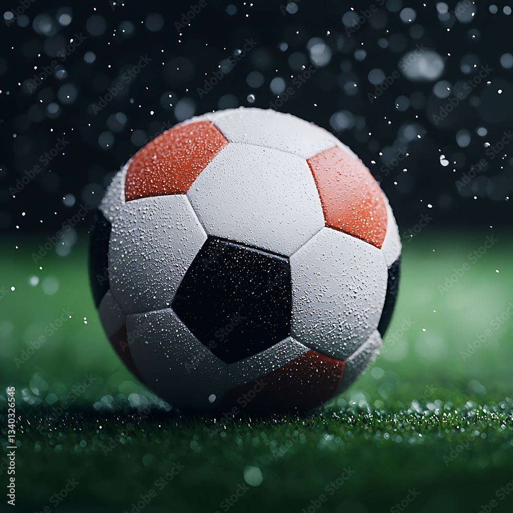 Fototapeta premium A close-up of a wet soccer ball on grass, surrounded by droplets of water, showcasing vibrant colors and texture in a dramatic setting.