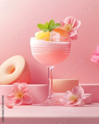A refreshing and vibrant cocktail served in an elegant glass, adorned with colorful fruit and delicate flowers, set against a soft pink backdrop. Perfect for summer vibes.