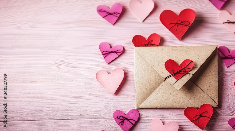 Romantic Envelope Surrounded by Pink and Red Hearts on a Soft Wooden Background Romantic Envelope Surrounded by Pink and Red Hearts on a Soft Wooden Background