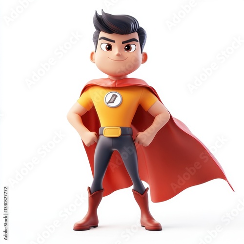 A cartoonish boy in a yellow shirt and red cape stands with his arms crossed
