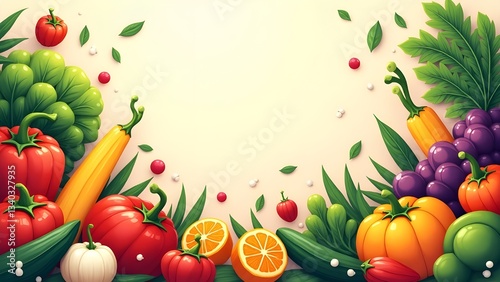 A vibrant and stylized illustration of fresh vegetables and fruits arranged in a decorative border against a light background.