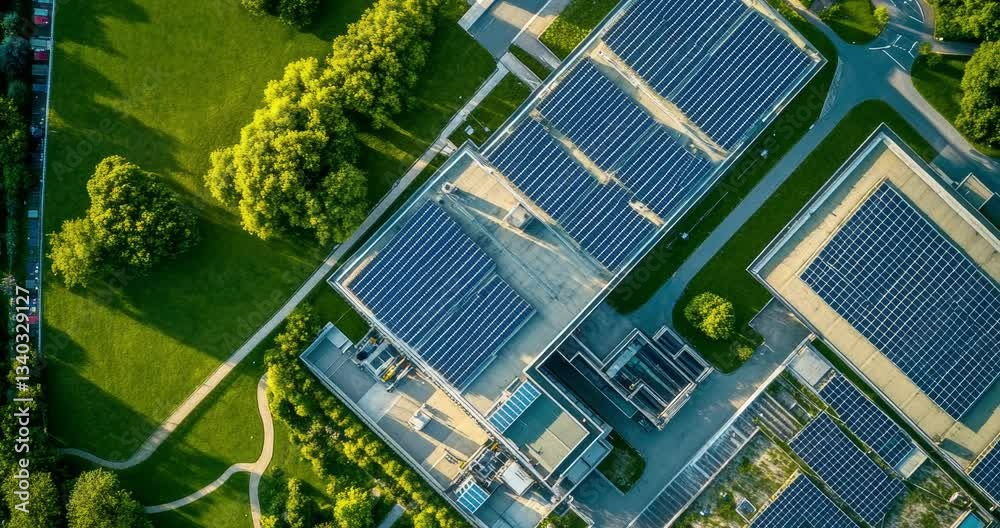 Aerial view of a large-scale data center powered by sustainable energy with solar panels on the roof, surrounded by greenery. Industry and sustainability background concept