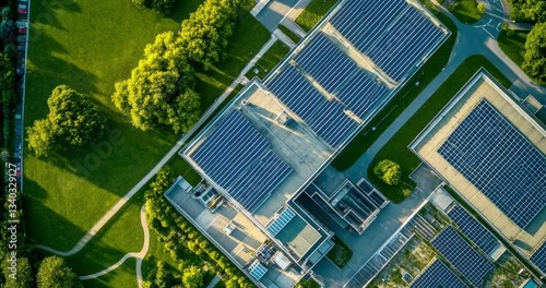 Aerial view of a large-scale data center powered by sustainable energy with solar panels on the roof, surrounded by greenery. Industry and sustainability background concept	