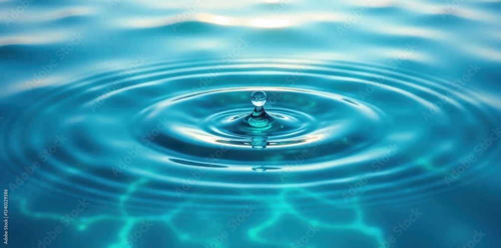 Calm ocean surface with clear water drop and circular waves, blue water, peaceful scene