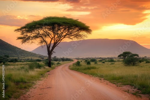 An acacia tree and a road at sunset, this beautiful African landscape prepare...