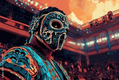 Powerful luchador wearing a mask stands ready in wrestling arena before match