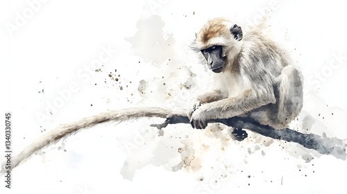 Watercolor painting depicts a monkey perched on a branch looking down