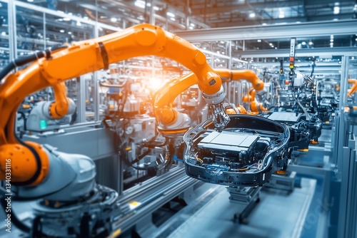 Robotic arms assembling car parts in modern automotive factory