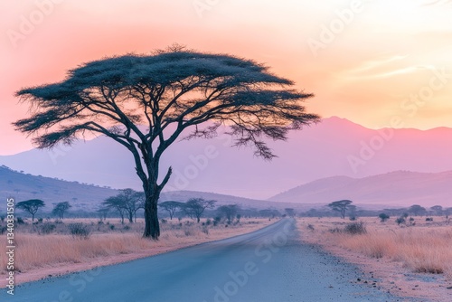 An acacia tree and a road at sunset, this beautiful African landscape prepare...
