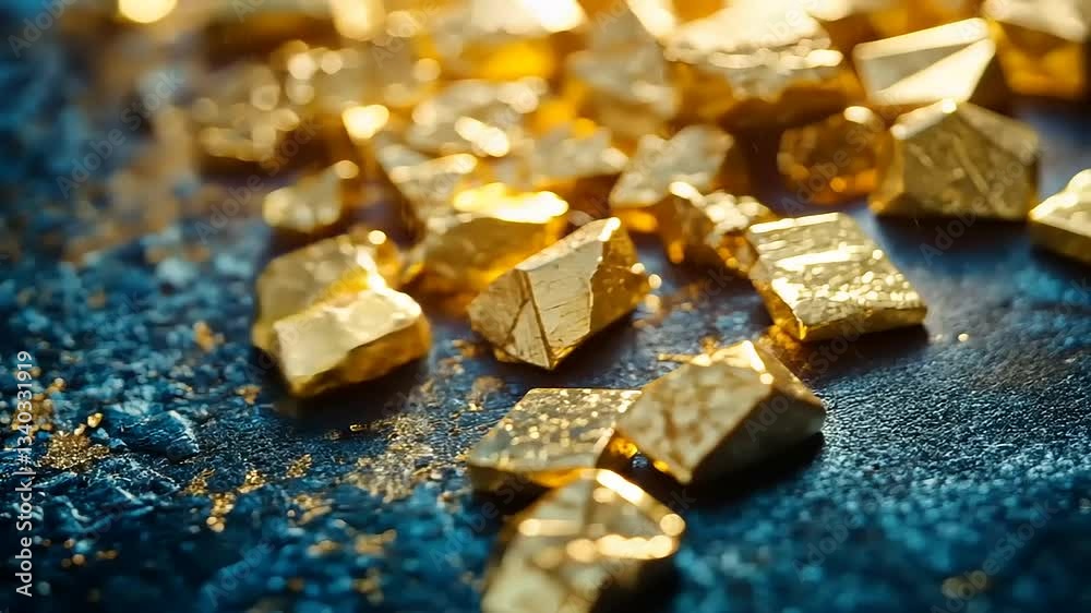 Close-up of shimmering gold nuggets scattered on a textured blue surface, reflecting light beautifully Close-up of shimmering gold nuggets scattered on a textured blue surface, reflecting light beautifully